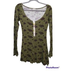 Intimately Free People Sz XS Short Sleepshirt Waffle Thermal Green Floral